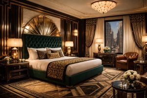 découvrez comment aménager une chambre d'hôtel au style art déco des années 1920, alliant élégance, géométrie et matériaux luxueux pour une ambiance vintage chic et sophistiquée.