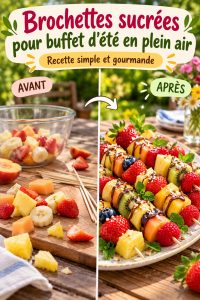 Brochettes sucrées colorées prêtes pour un buffet d'été en plein air
