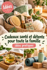 Cadeaux bien-être variés pour toute la famille sur une table.