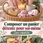 Un panier bien-être soigneusement composé avec des produits de beauté et des accessoires relaxants.