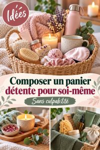 Un panier bien-être soigneusement composé avec des produits de beauté et des accessoires relaxants.