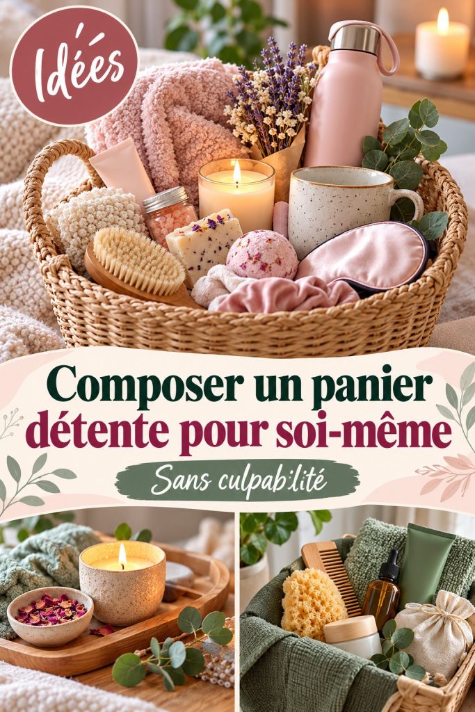 Un panier bien-être soigneusement composé avec des produits de beauté et des accessoires relaxants.