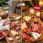 Planche de charcuterie festive avec fromages, fruits et vins sur une table élégante