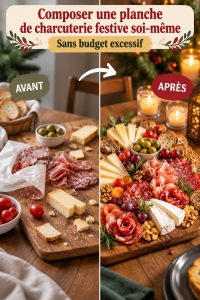 Planche de charcuterie festive avec fromages, fruits et vins sur une table élégante
