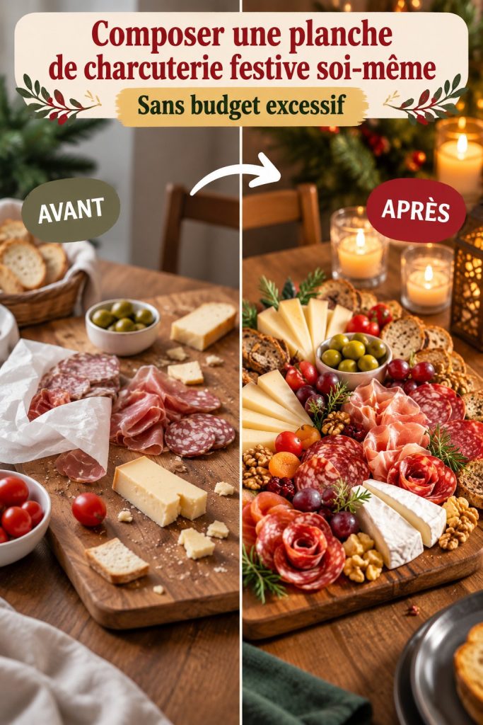 Planche de charcuterie festive avec fromages, fruits et vins sur une table élégante