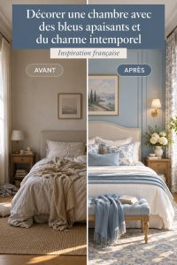 Chambre décorée en bleu apaisant avec des détails élégants
