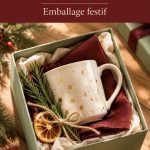 Mug élégant présenté dans une boîte décorée avec feuillage et rubans