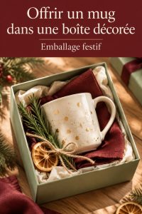 Mug élégant présenté dans une boîte décorée avec feuillage et rubans