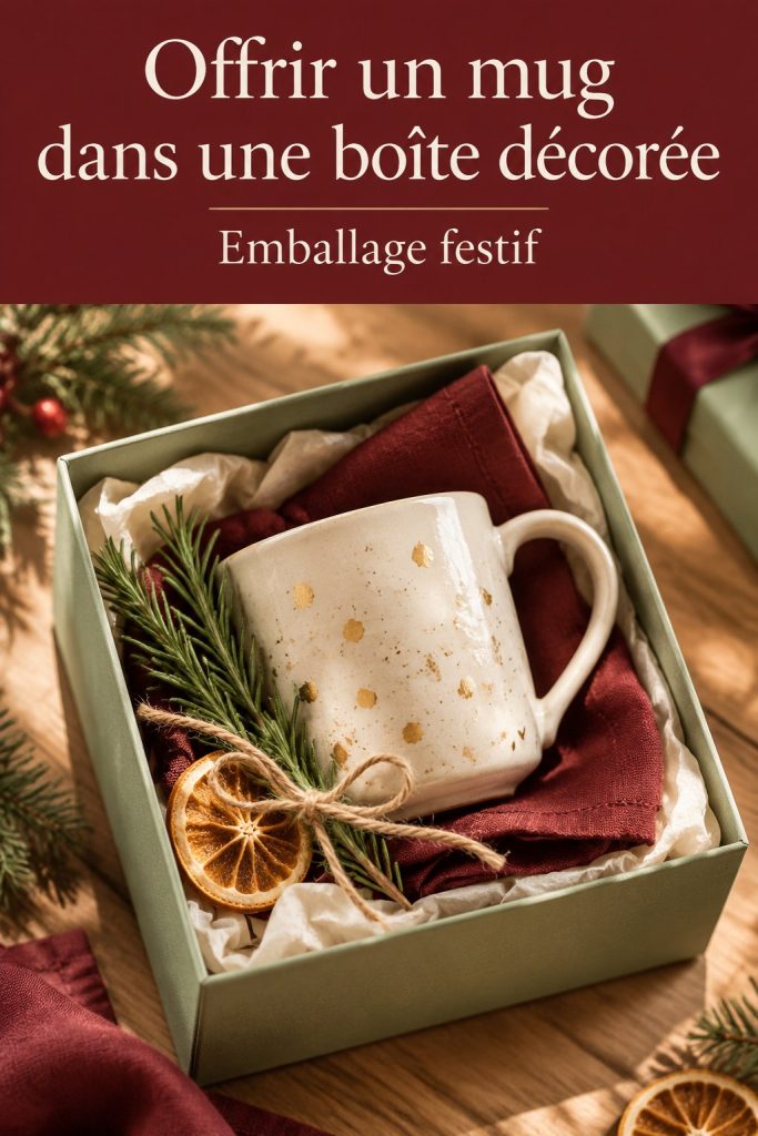 Mug élégant présenté dans une boîte décorée avec feuillage et rubans