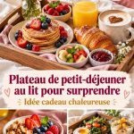Un plateau de petit-déjeuner élégant avec café, croissants et fruits frais sur un lit.
