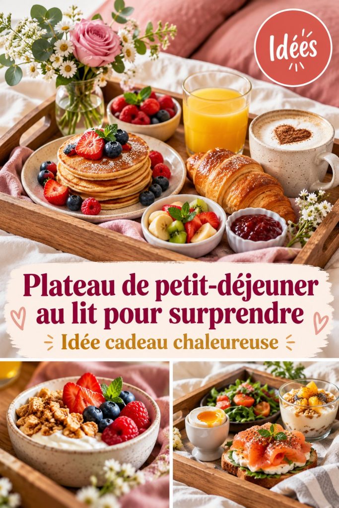 Un plateau de petit-déjeuner élégant avec café, croissants et fruits frais sur un lit.