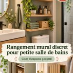 Étagères flottantes en bois dans une salle de bains minimaliste, avec des plantes et des accessoires élégants.