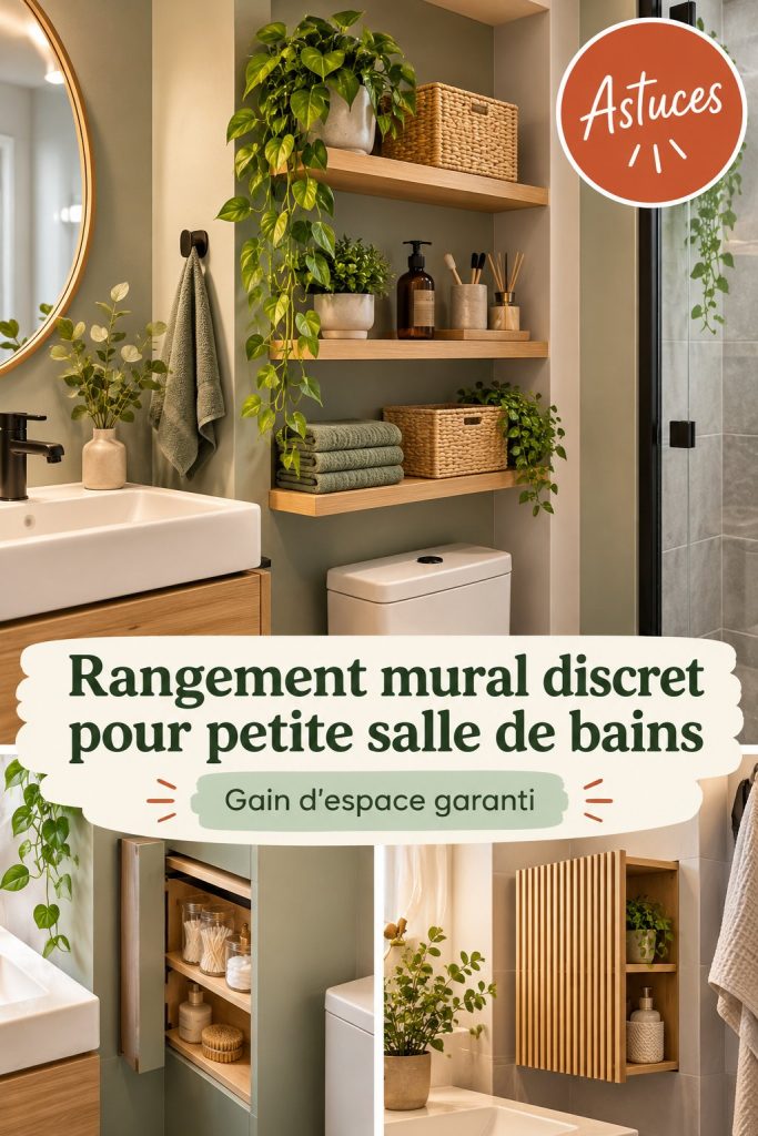 Étagères flottantes en bois dans une salle de bains minimaliste, avec des plantes et des accessoires élégants.