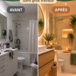 Salle de bains moderne avec ambiance spa et éclairage doux.