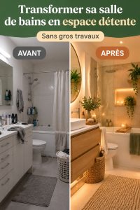 Salle de bains moderne avec ambiance spa et éclairage doux.