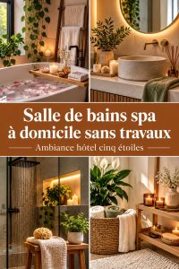 Salle de bains moderne avec décor de spa, offrant une atmosphère relaxed.